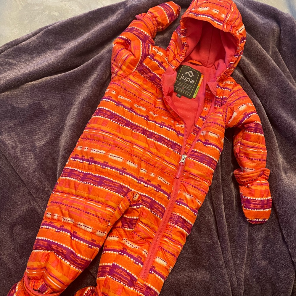 JuYa Kids Orange & Pink Hooded Puffer One-Piece Jacket